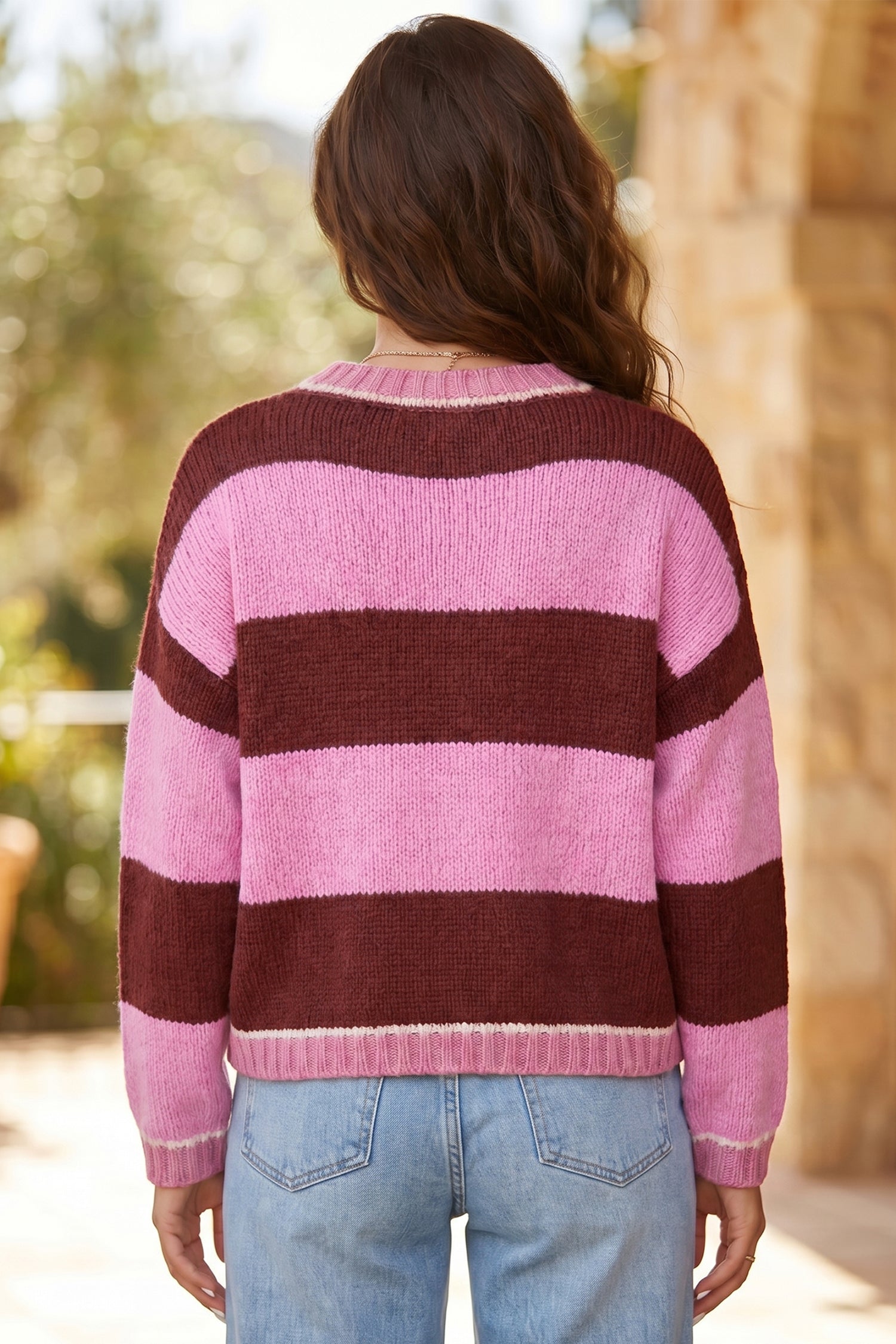 Pink Stripe Striped Drop Shoulder Long Sleeve Pullover Regular Fit Knit Sweater