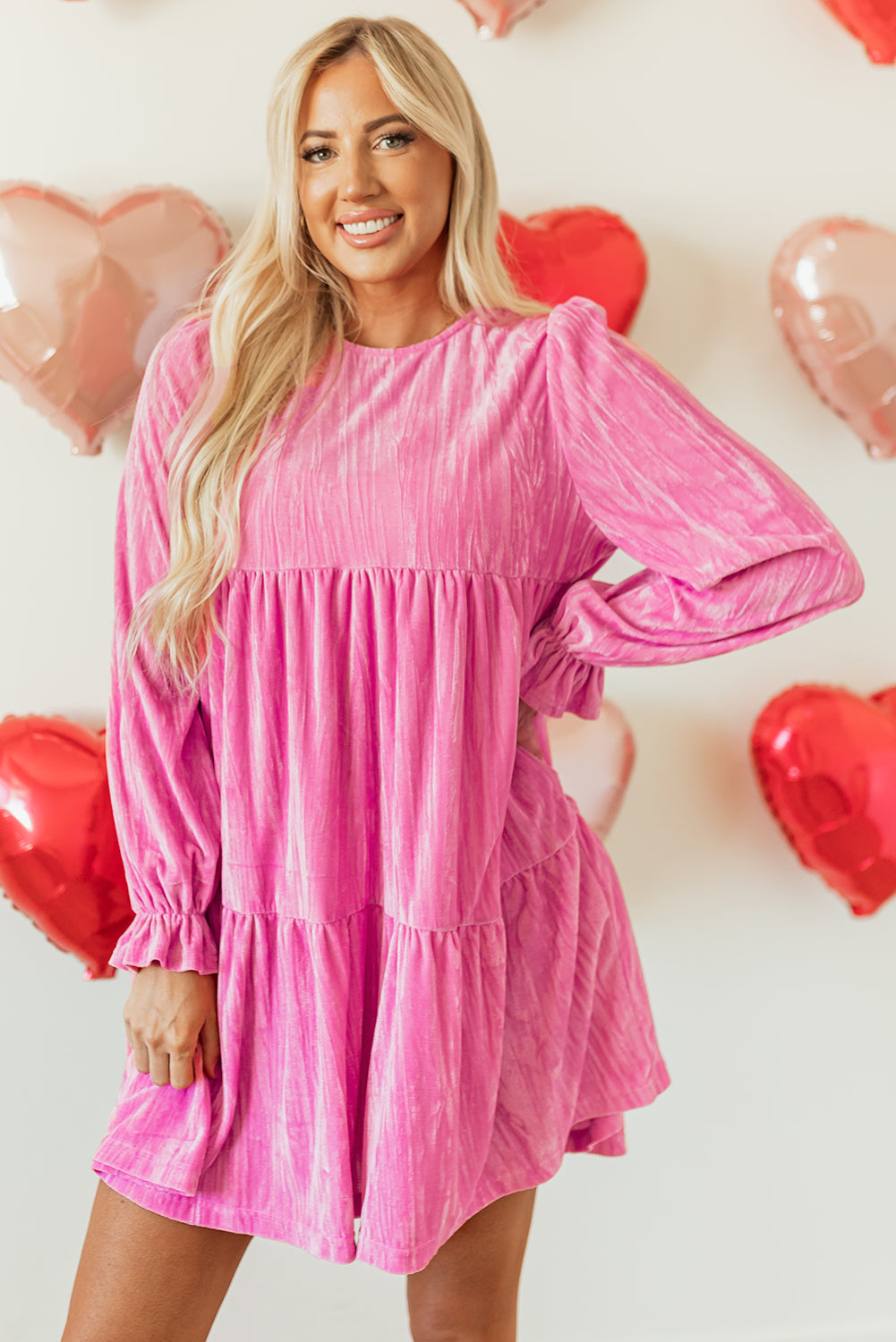 Pink Flounce Sleeve Tiered Ruffled Velvet Mini Dress