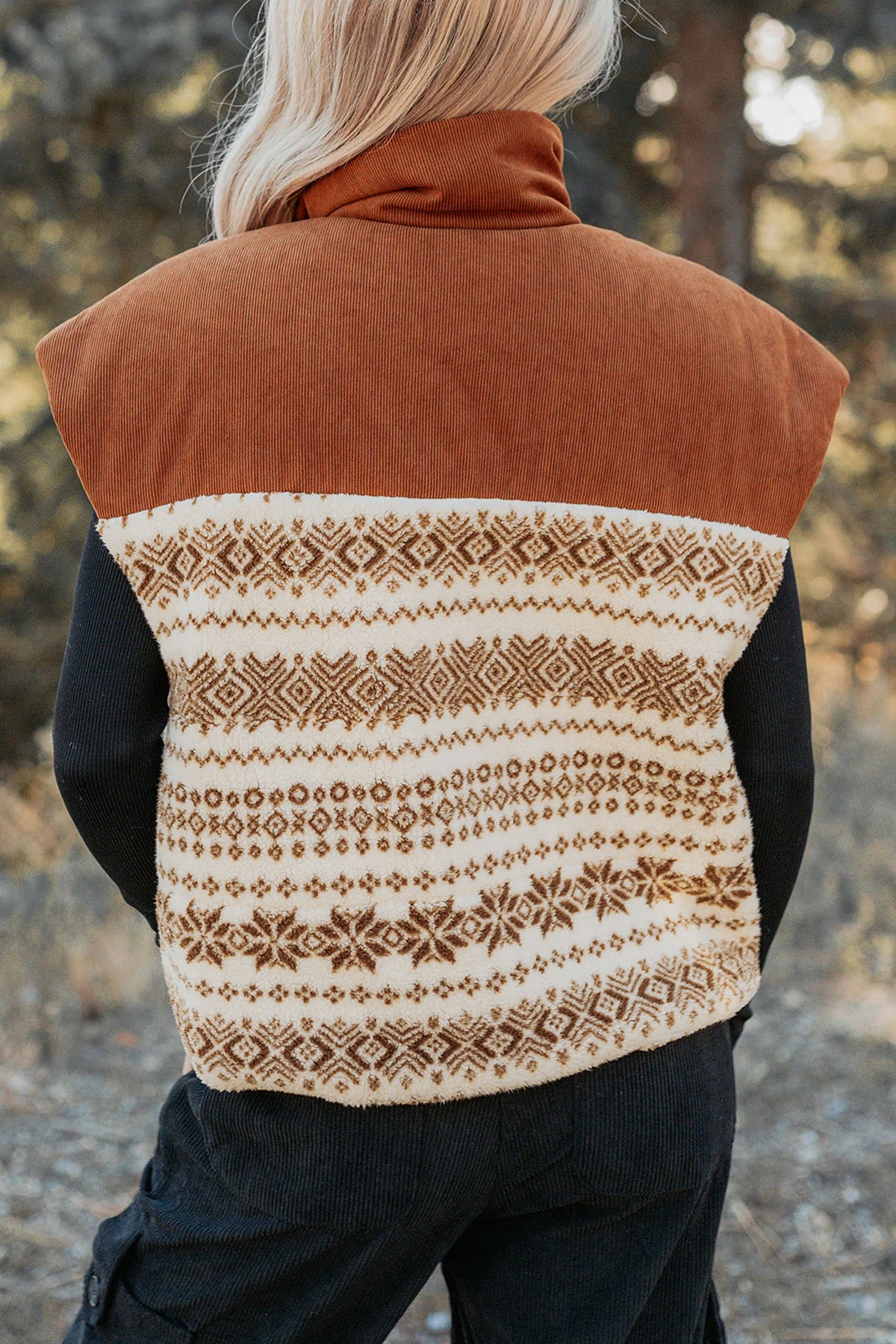 Brown Geometric Print Fleece Metal Zipper Collar Patchwork Design Vest