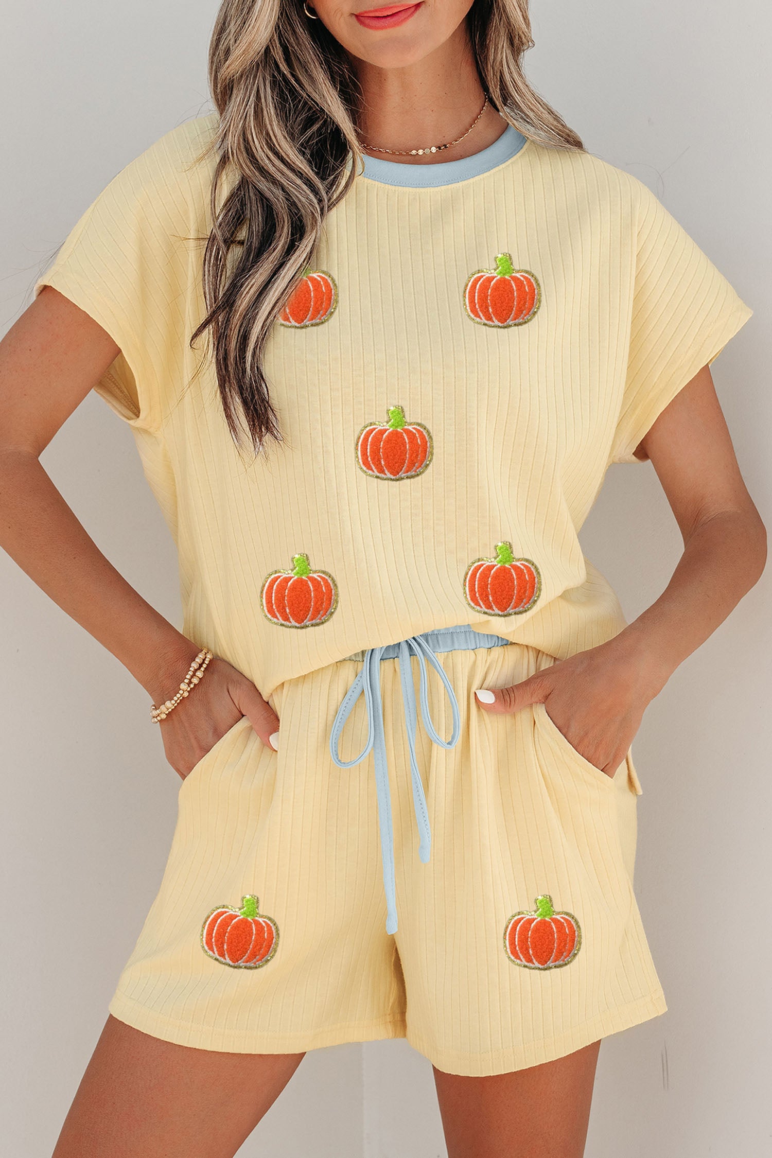 Yellow Cream Soft Ribbed Pumpkin Patch Graphic Relaxed 2pcs Short Set