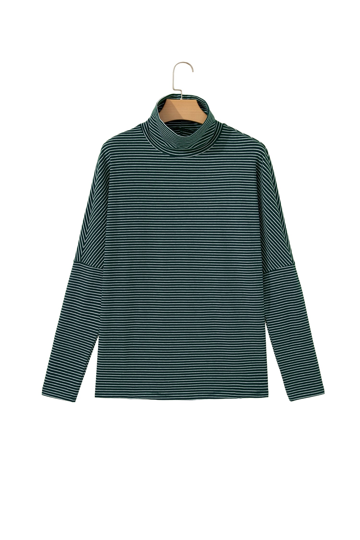 Green Stripe High Neck Dropped Shoulder Long Sleeve Casual Top