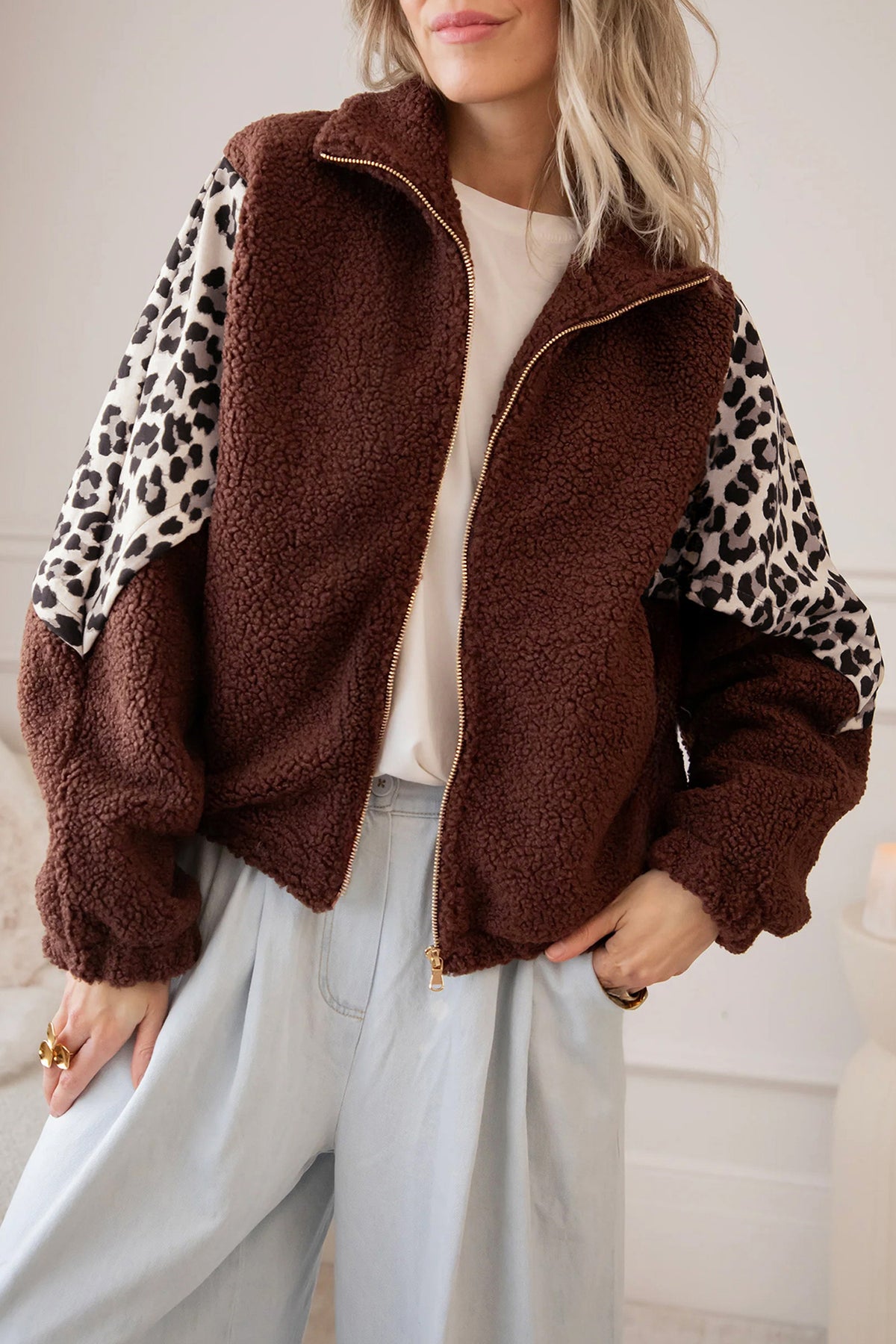 Coffee Leopard Patchwork Fleece Western Style Zip-up Collar Jacket