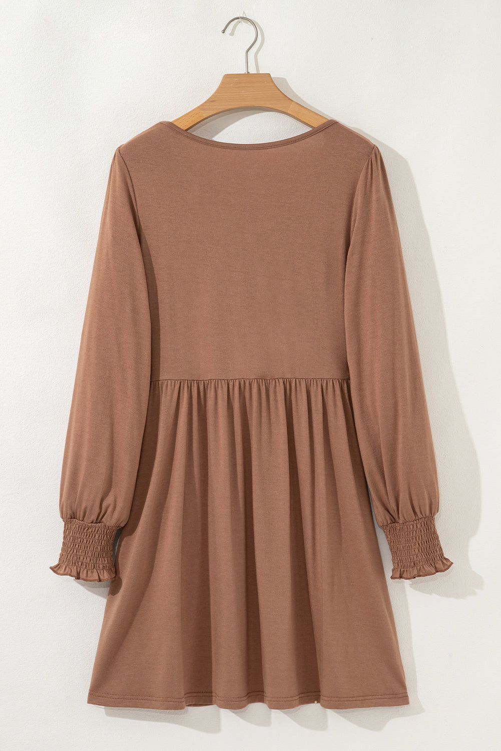 Chestnut Shirred Cuff Long Sleeve Button Round Neck Mini Dress