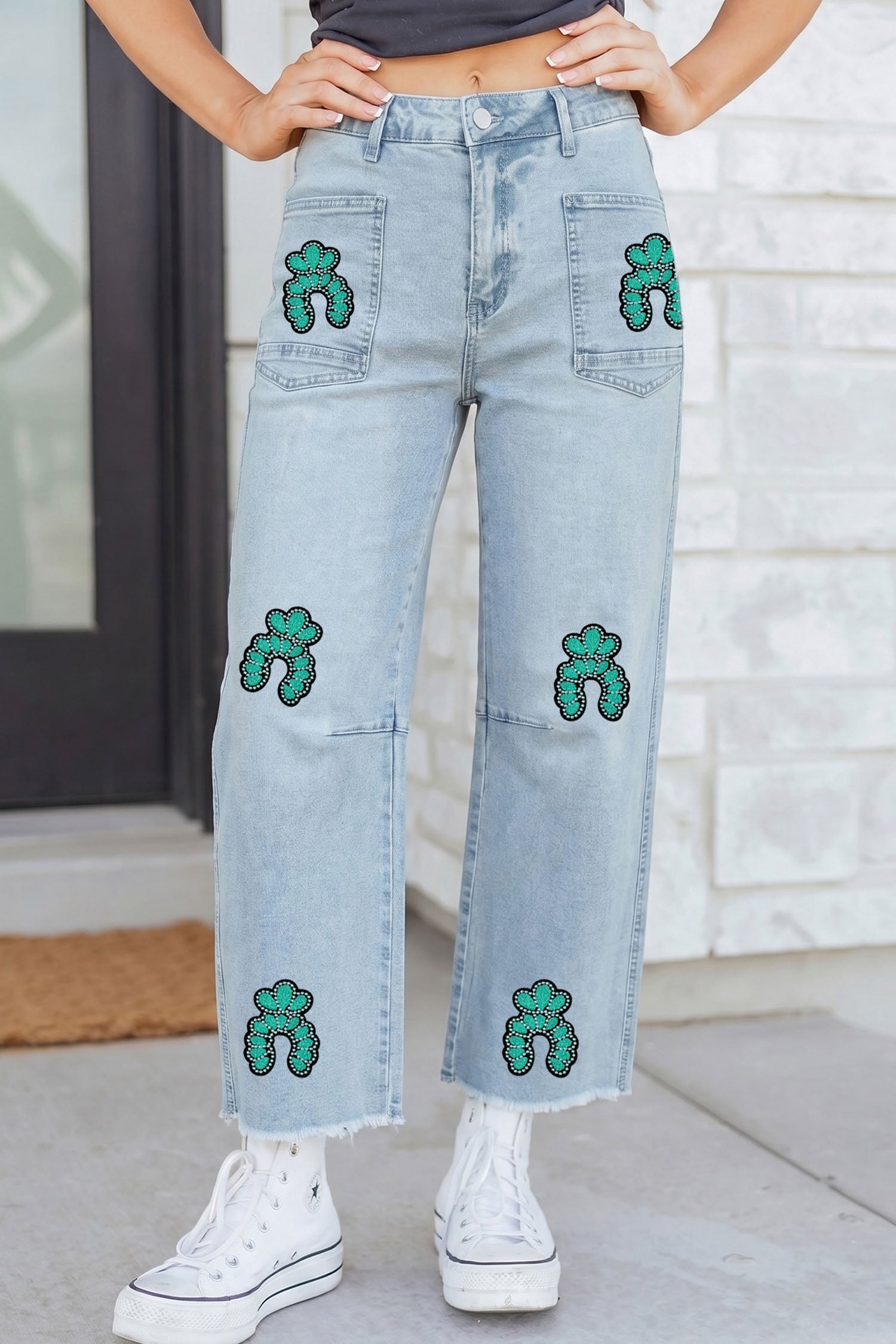 Beau Blue Turquoise Embroidered Patch Jeans Raw Hem Ankle-length Jeans