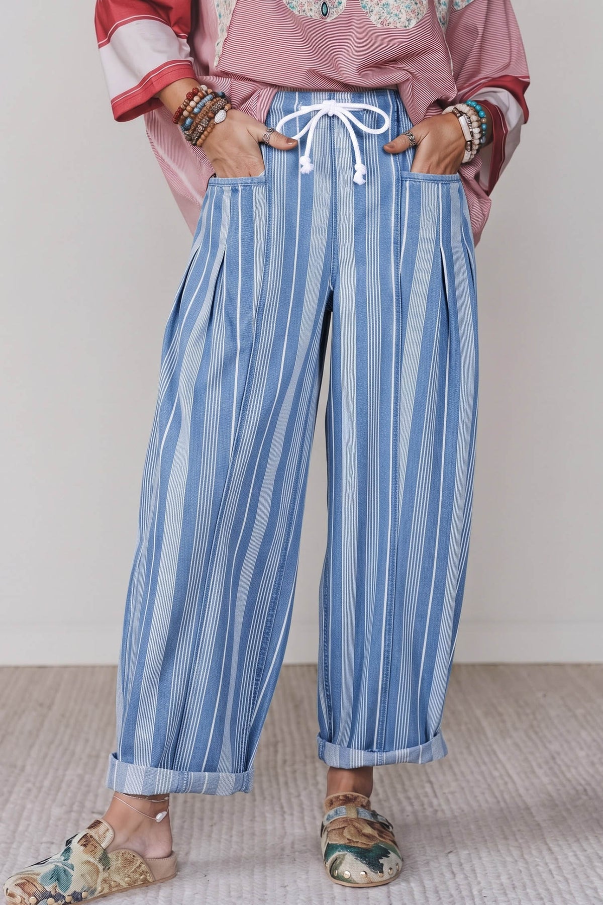 Sky Blue Stripe High Waist Wide Leg Lace Up Barrel Jeans