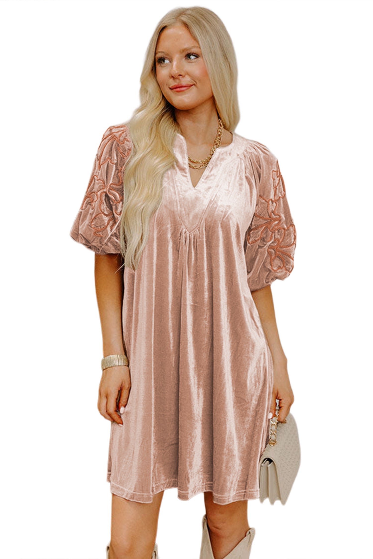 Light French Beige Embroidered Sleeve Velvet Mini Shift Dress