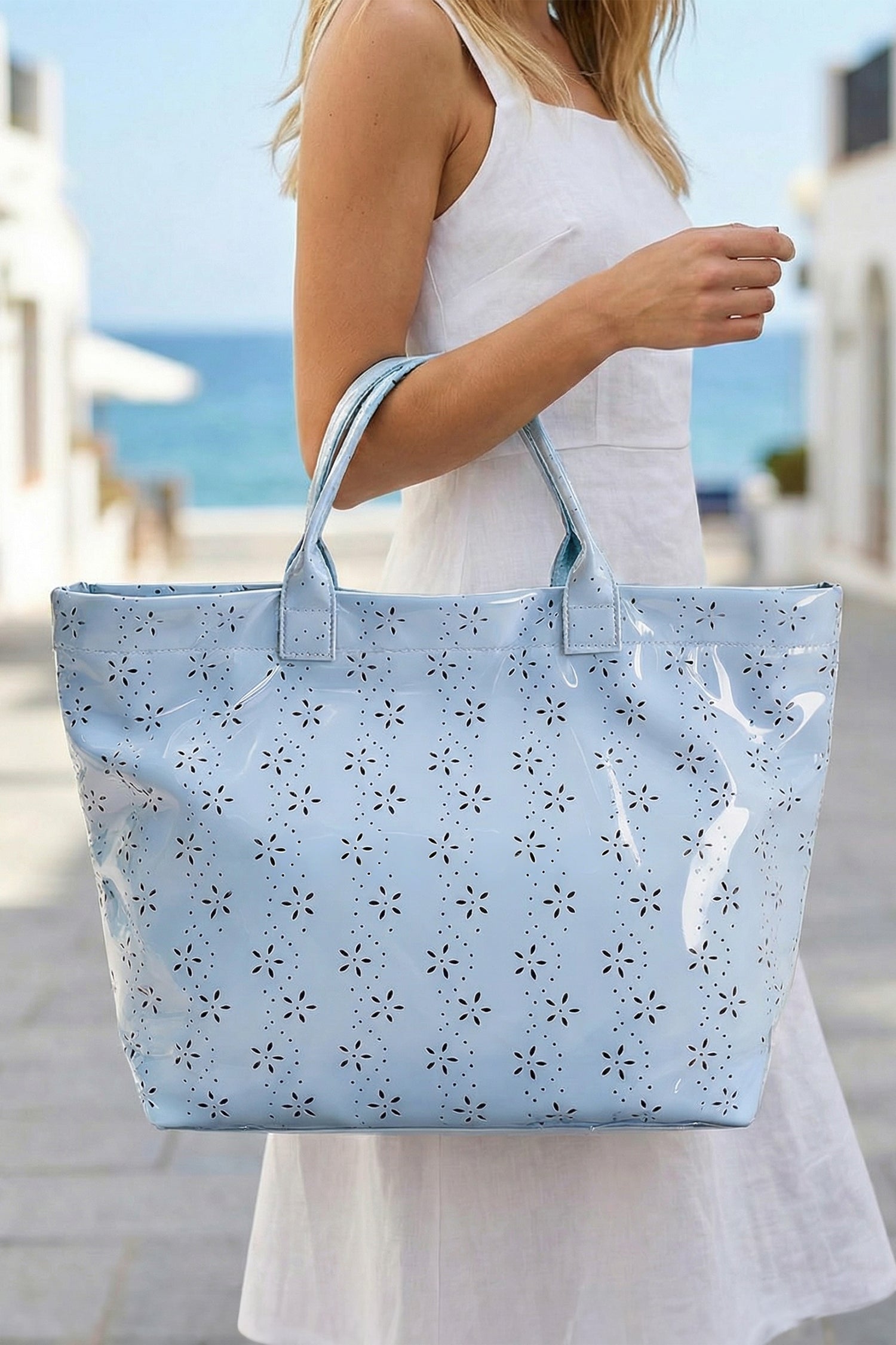 Dusk Blue Eyelet Flower Pattern PVC Glossy Waterproof Tote Bag