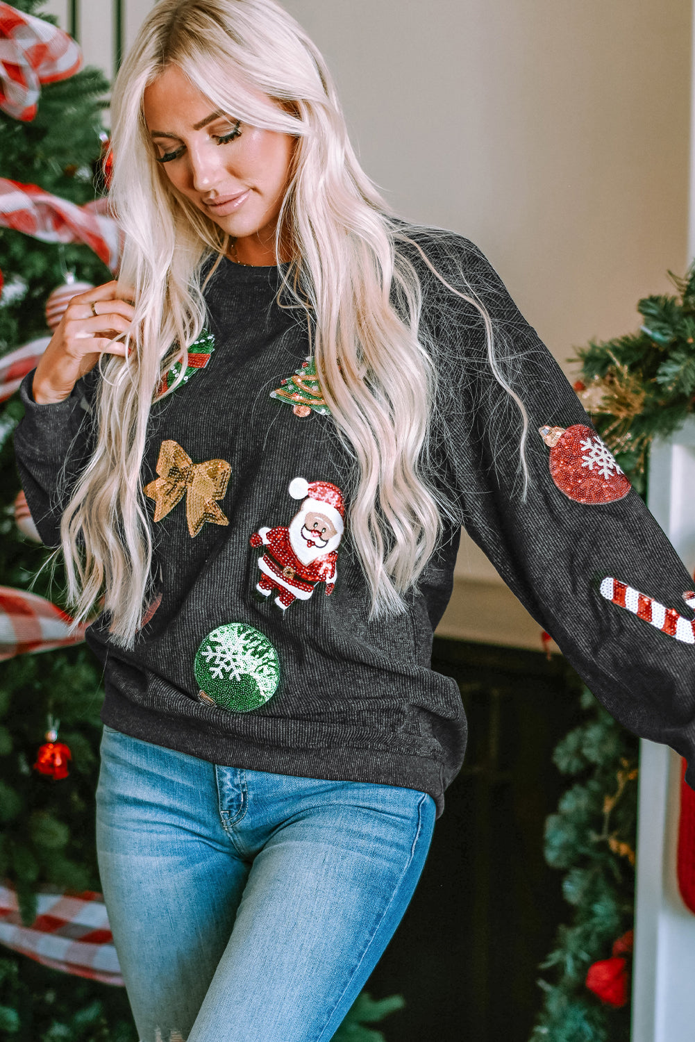 Black Sequined Christmas Graphic Corded Sweatshirt