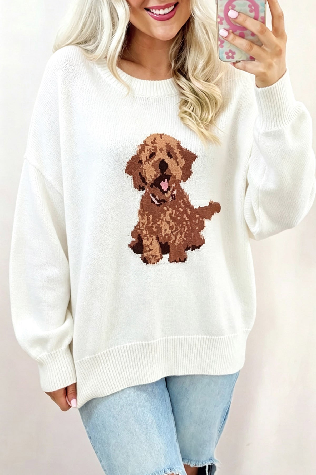 White Cozy Dog Print Dropped Shoulder Relaxed Sweater