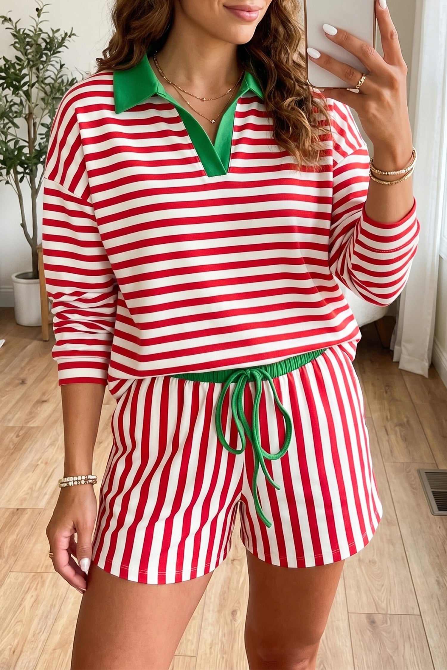 Red Stripe Colorblock Trim Polo Collar Drawstring Elastic Waist Band Casual 2pcs Outfit