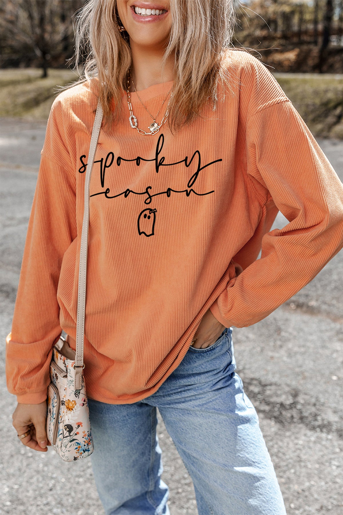 Orange Spooky Season Ghost Letter Print Cozy Ribbed Pullover Sweatshirt