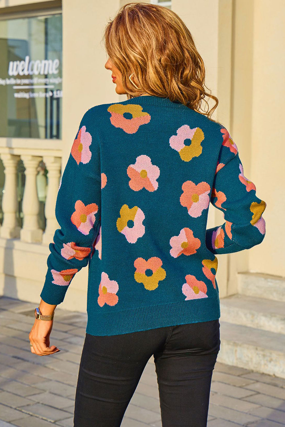 Blue Color Block Flower Cute Pattern Drop Shoulder Bulk Sweater