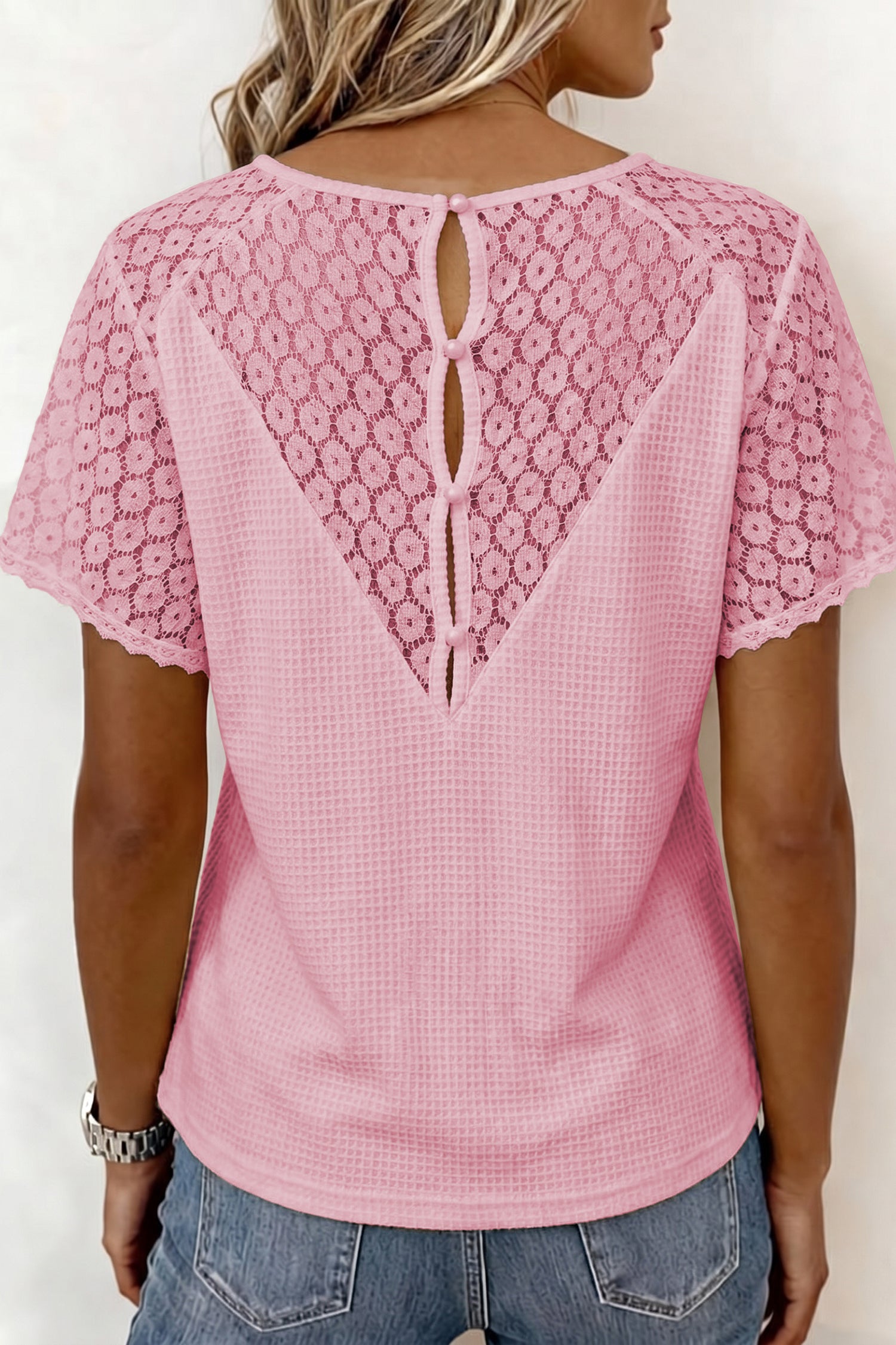 Pink Lace Splicing Button Cutout V Neck Waffle Knit Blouse