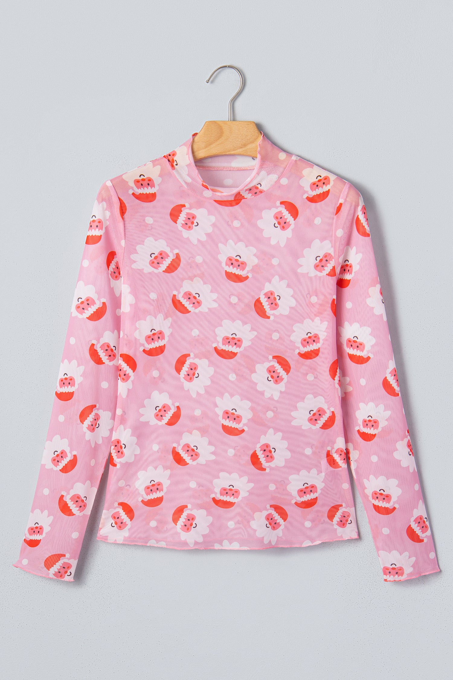Pink Abstract Santa Print Stand Neck Sheath Long Sleeve Top