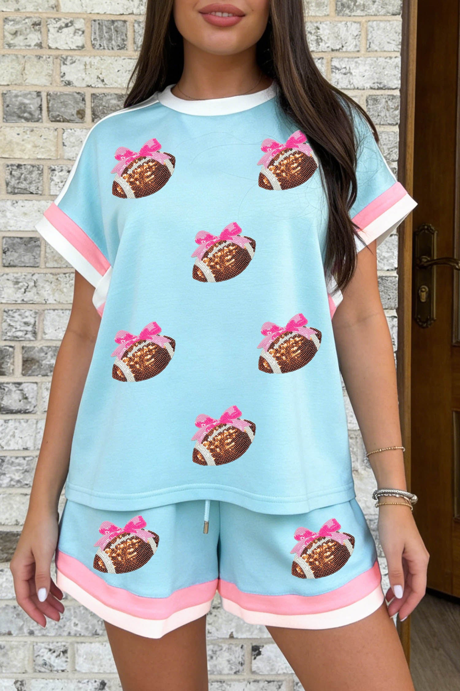 Mist Blue Sequin Football Bow Tie Pattern Contrast Trim Short 2pcs Set