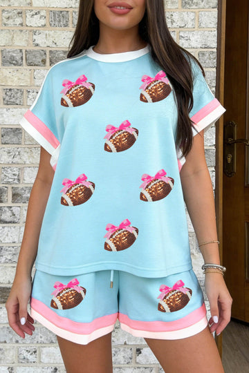 Mist Blue Sequin Football Bow Tie Pattern Contrast Trim Short 2pcs Set