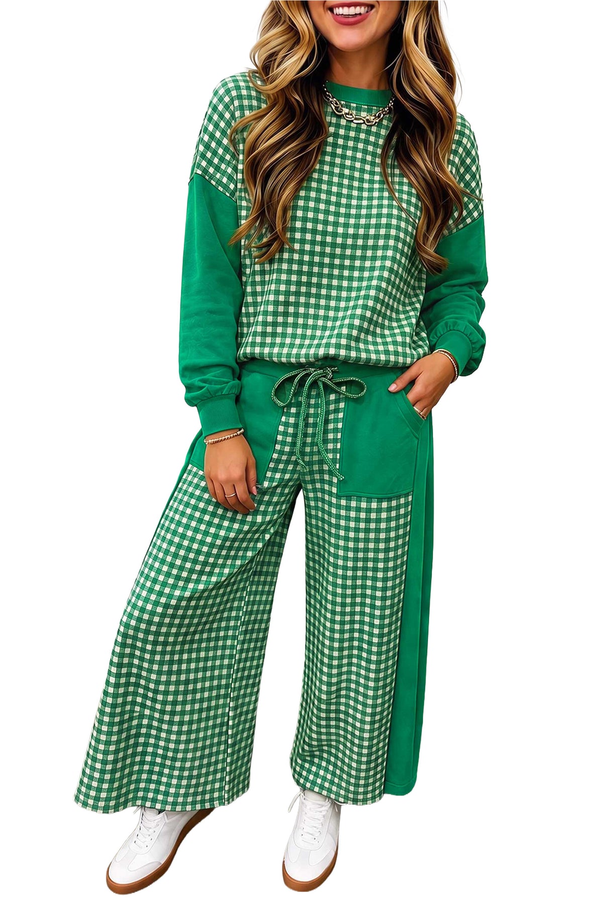 Green Color Block Plaid Patchwork Long Sleeve Pullover Wide Leg Pant Set