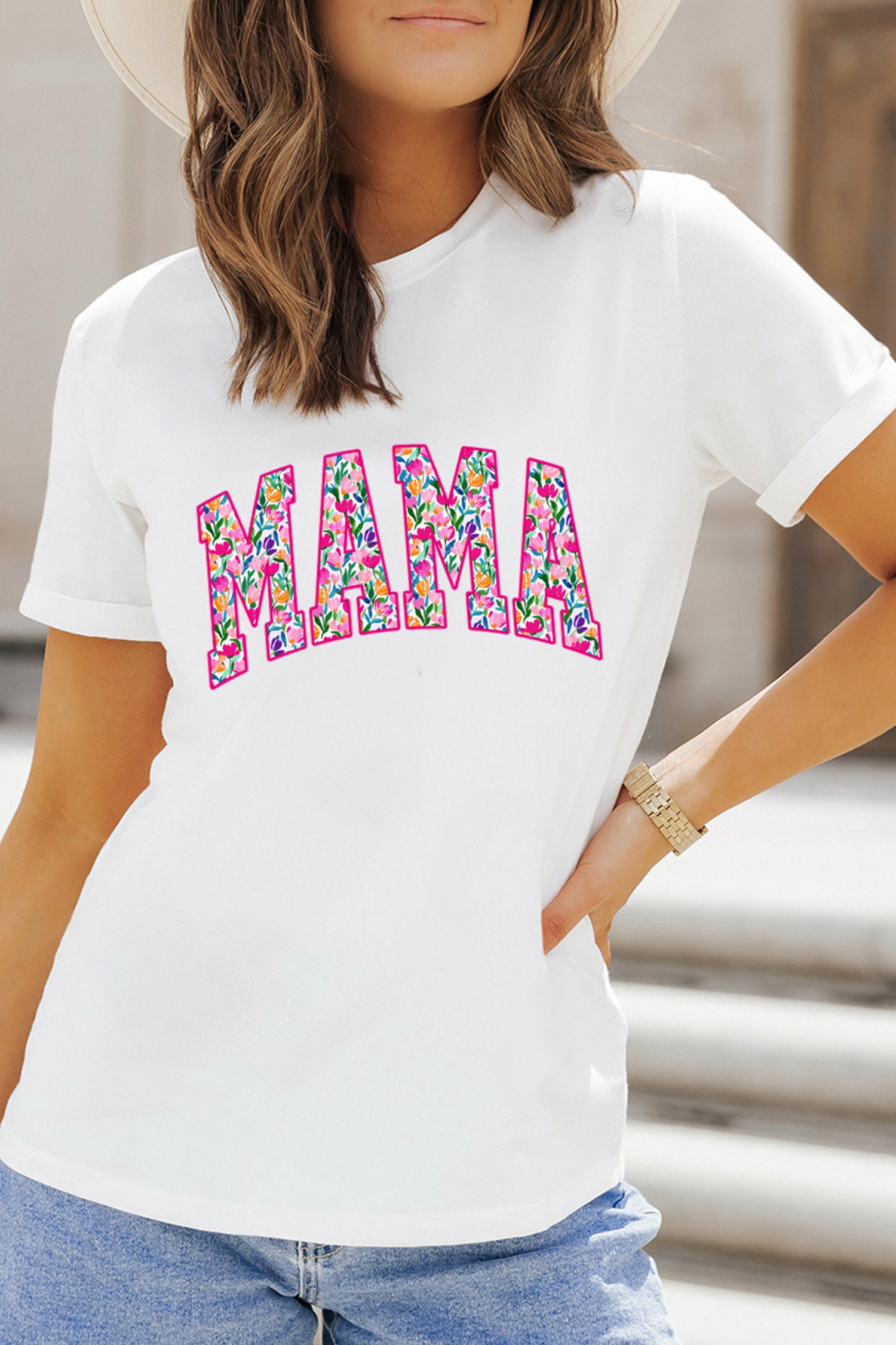 White Floral MAMA Lettering Printed Tee