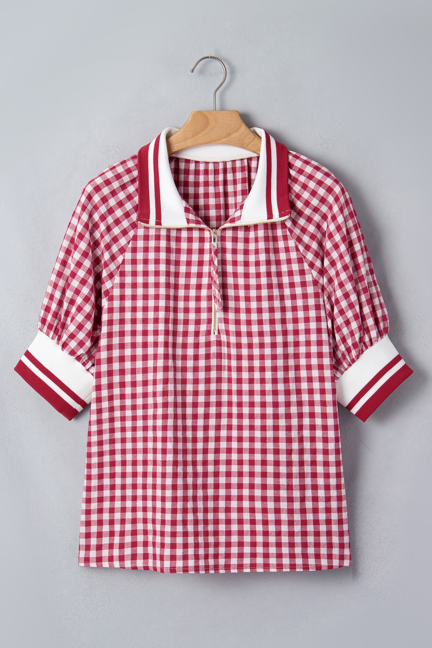 Red Gingham Striped Patchwork Half Zip Blouse