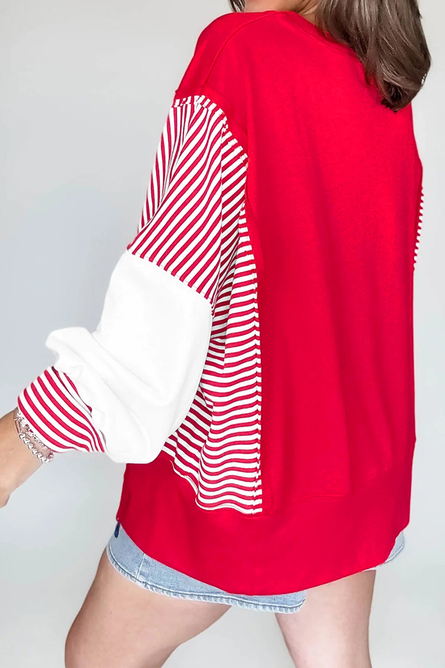 Fiery Red Sequin Rugby Bow Print Striped Color Block Sleeve Patchwork Graphic Sweatshirt
