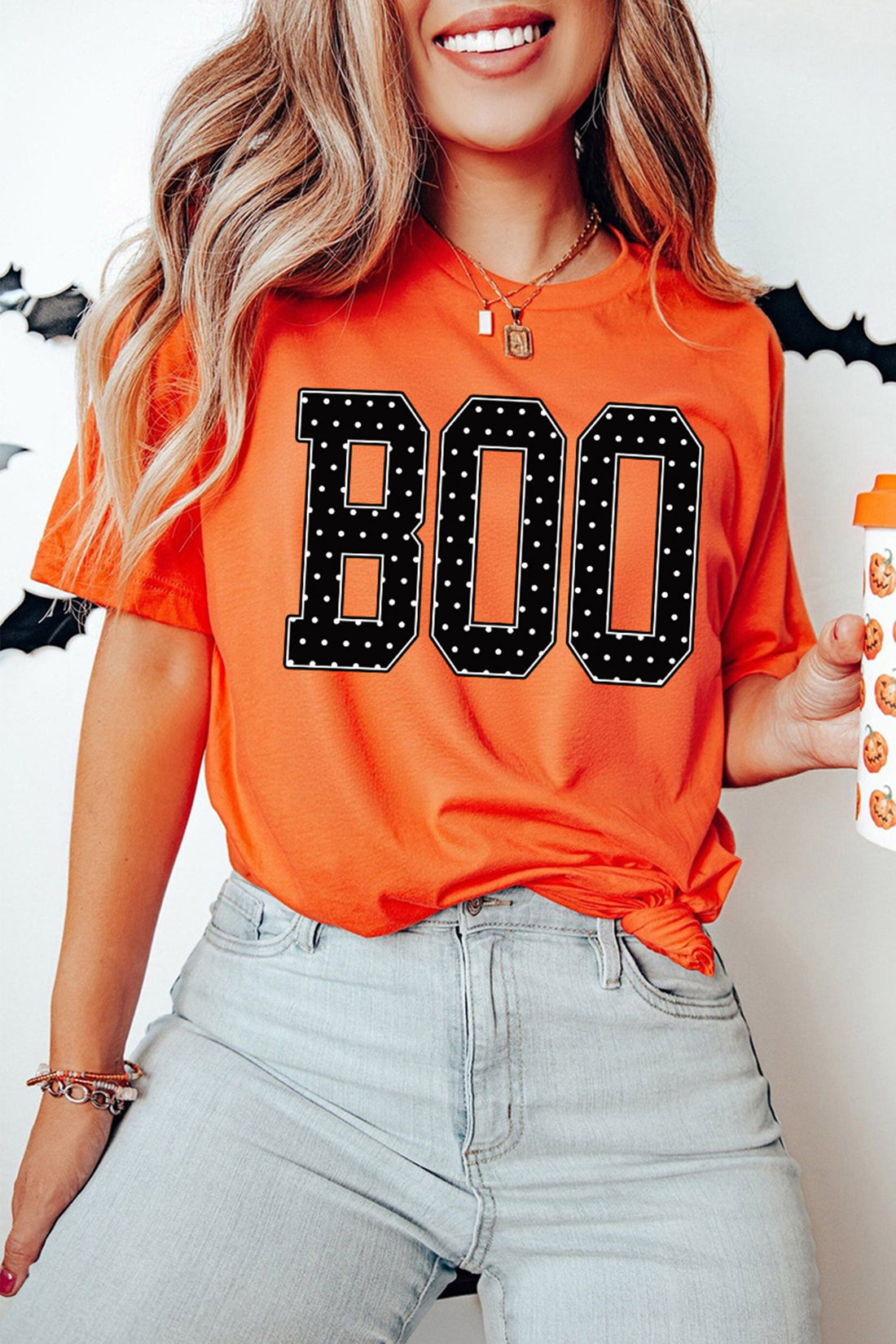 Orange Polka Dot BOO Slogan Short Sleeve Round Neck Halloween T-Shirt