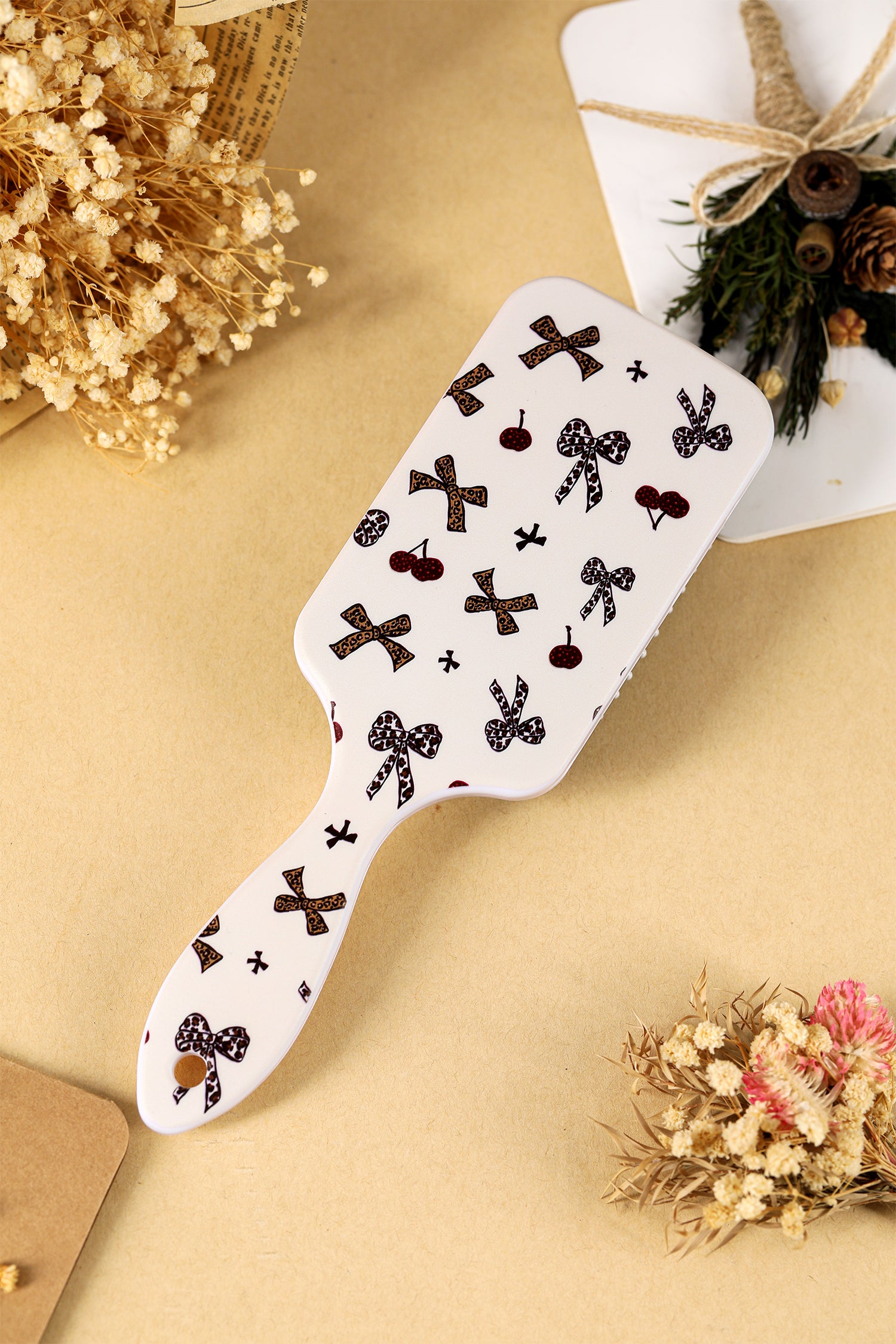 White Leopard Bow Cherry Print Large Detangle Paddle Hair Brush