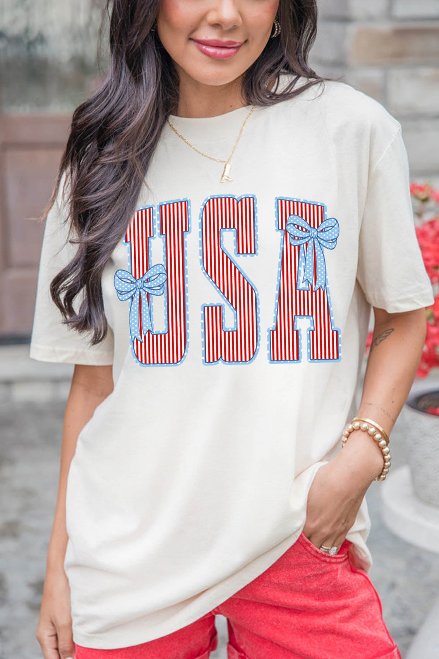 White USA Patriotic Letter Print Summer Casual T Shirt