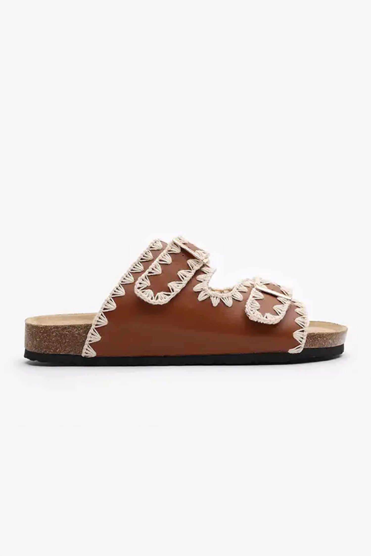 Coffee PU Leather Contrast Stitch Flat Sliders