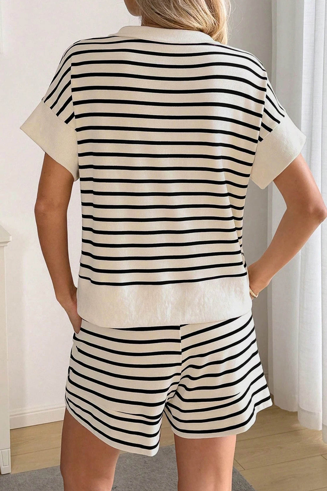 Black Stripe Ribbed Color Block Trim Zip Polo Tee Drawstring Shorts 2pcs Outfit