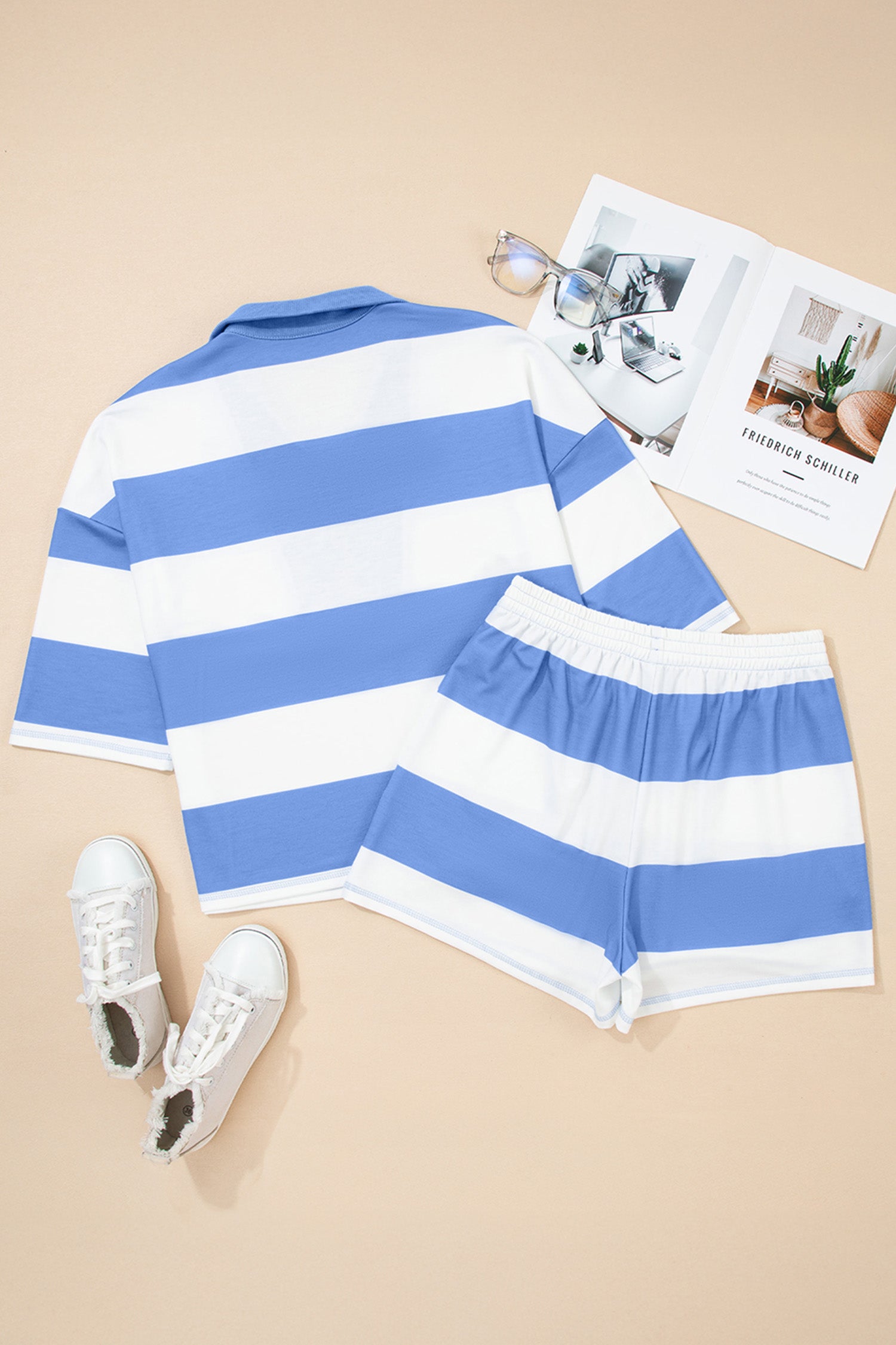 Sky Blue Stripe Drop Shoulder Zipped Collar T Shirt Plus Size Shorts Set