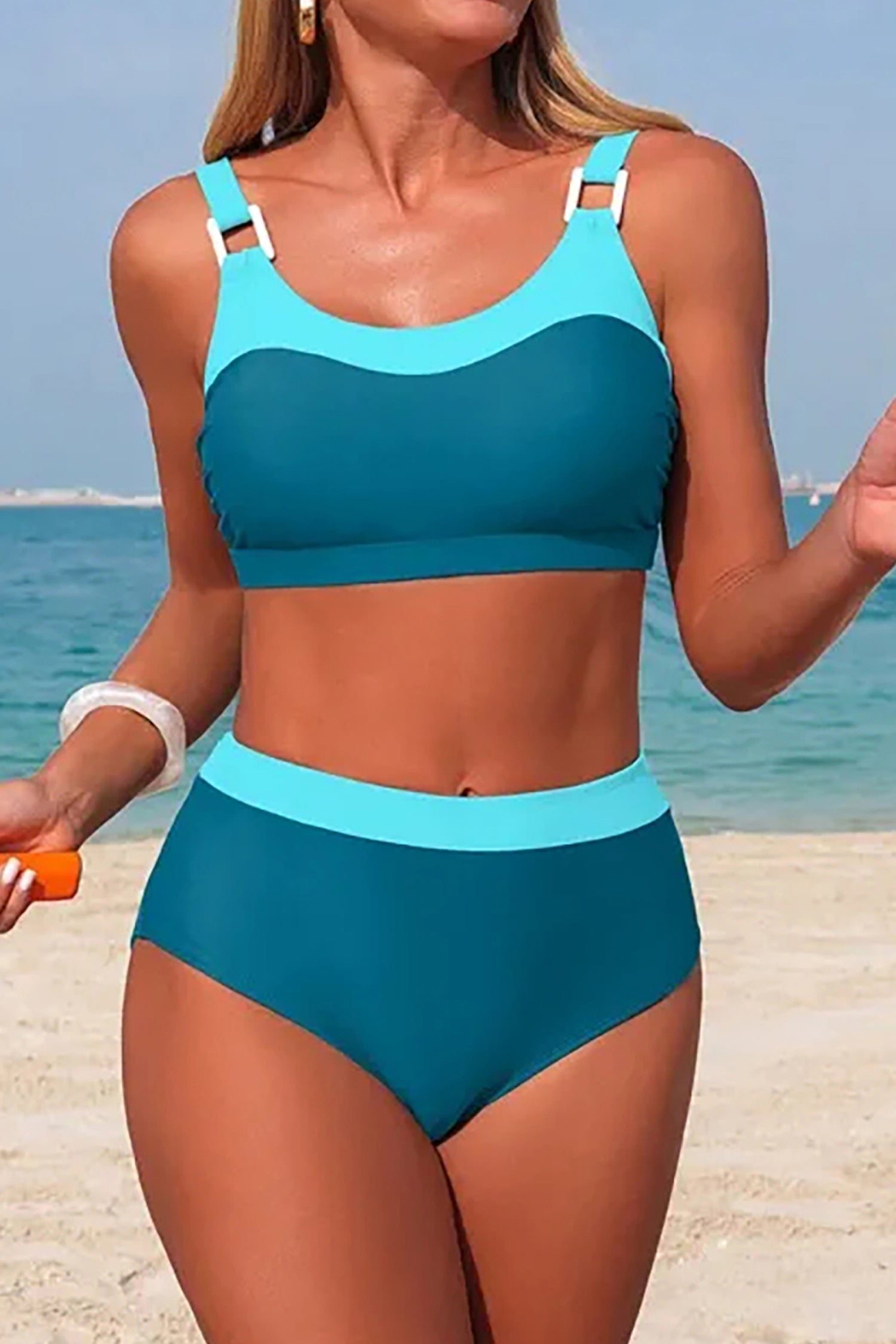 Skobeloff Stylish Color Block Adjustable Strap Knot Back 2pcs Bikini Swimsuit