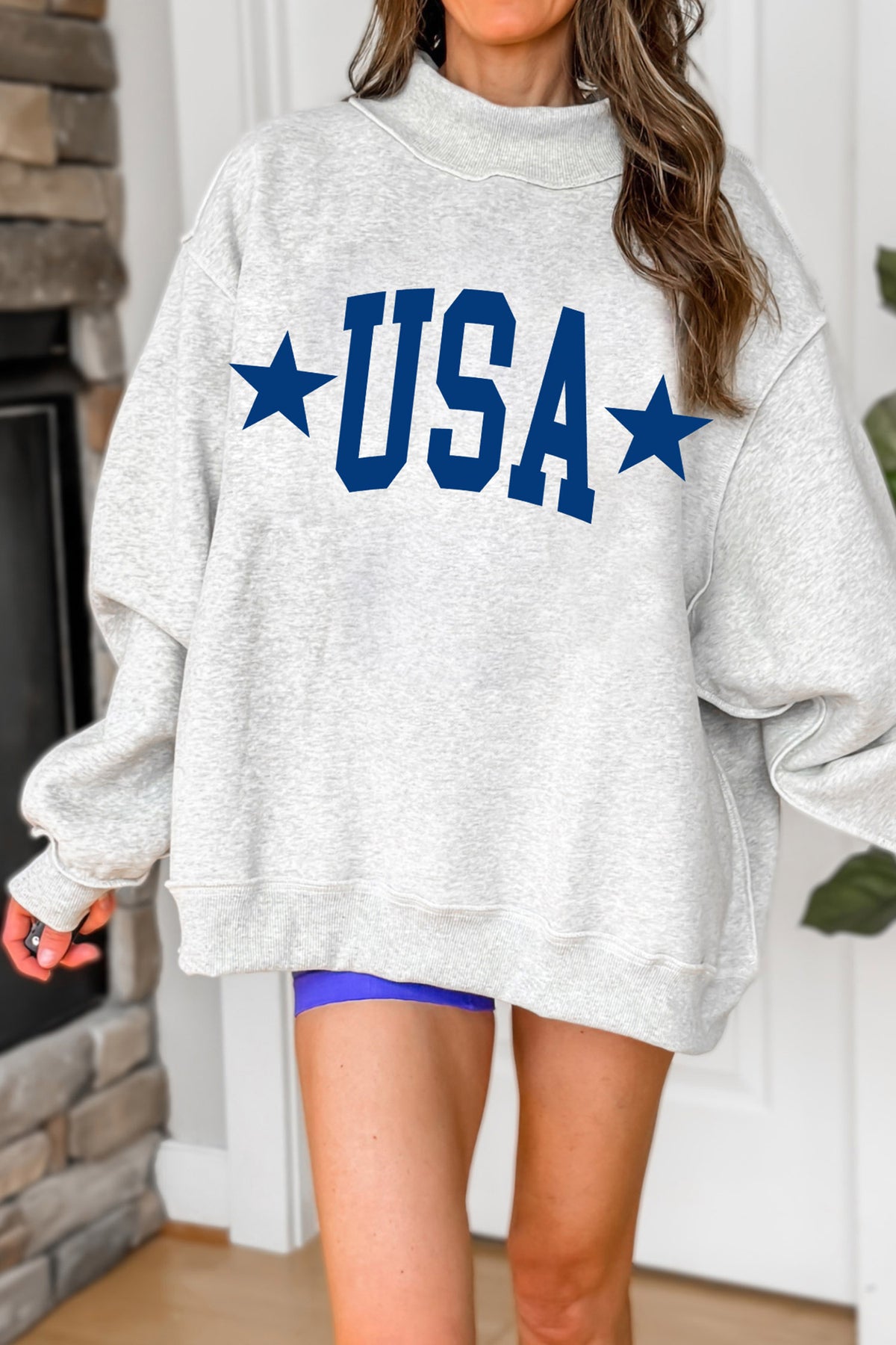 Light Grey Mock Neck USA Slogan Pullover Graphic Sweatshirt