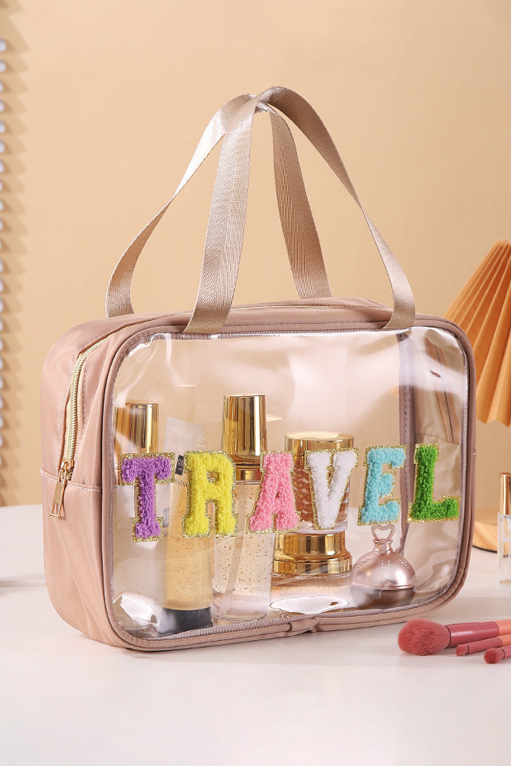 Dark Khaki TRAVEL Chenille Glitter Patched Clear Waterproof Makeup Bag