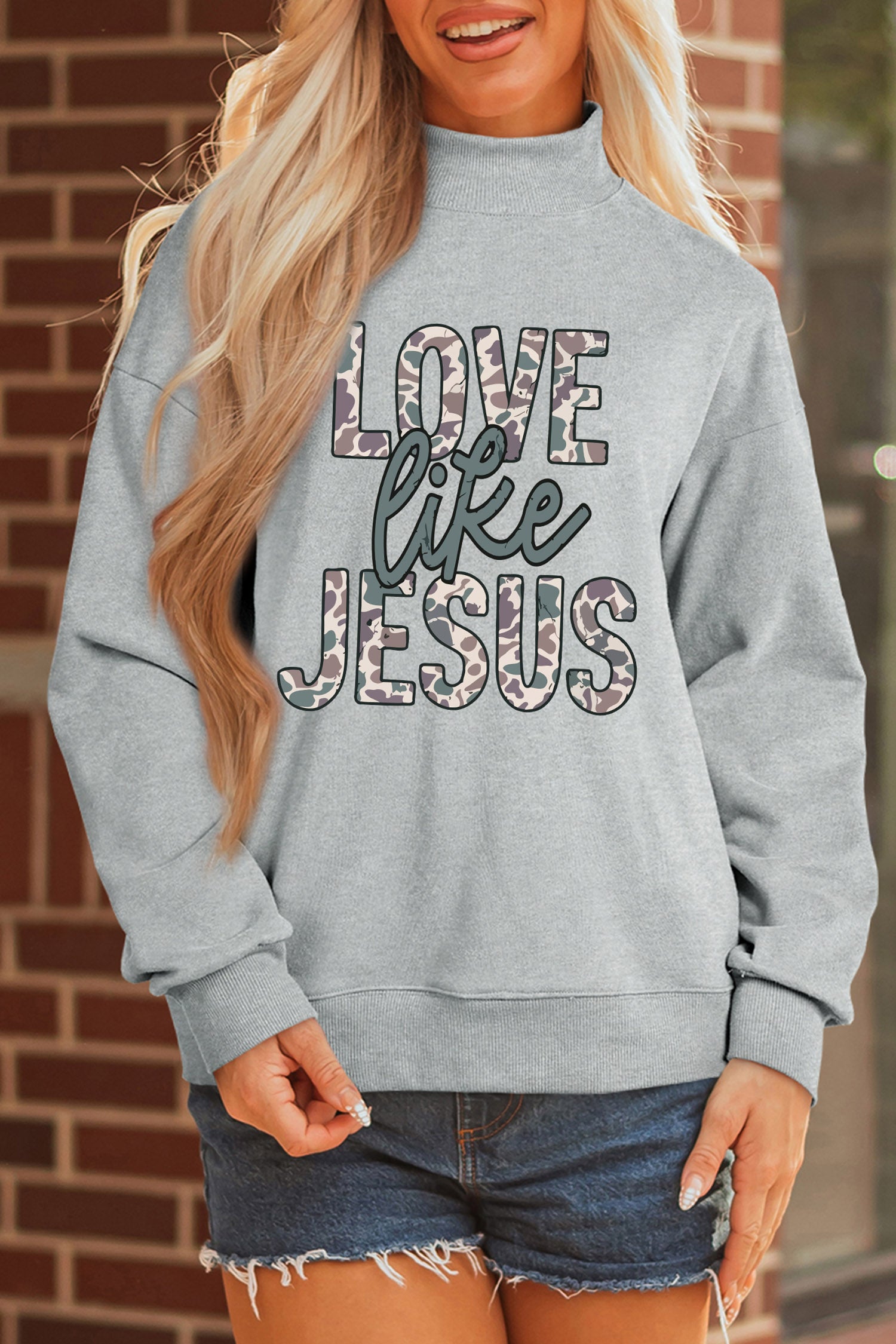 Gray Casual Camouflage Letter Print Faith Inspired Mock Neck Sweatshirt