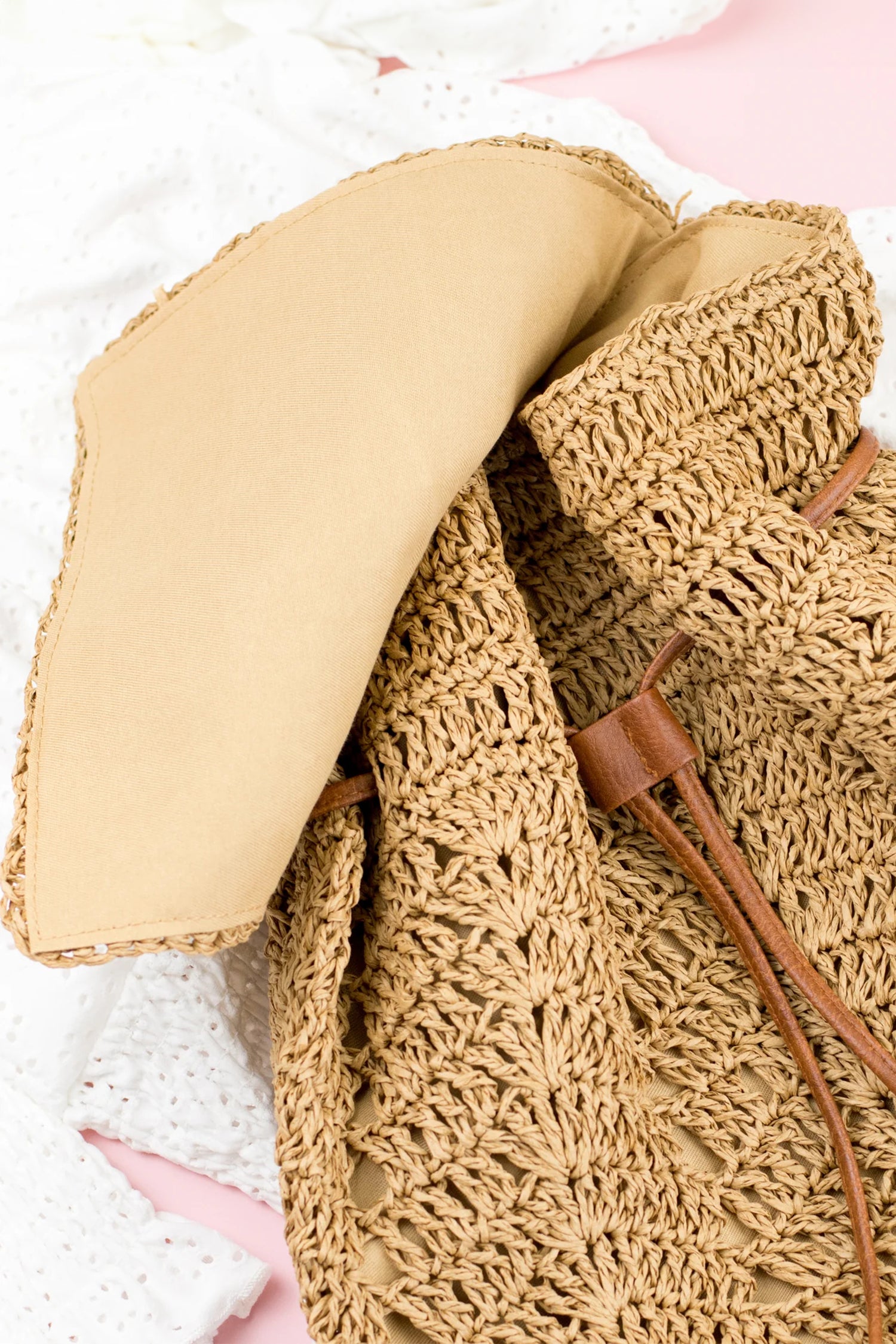 Thai Curry Retro Straw Woven PU Leather Straps Casual Backpack