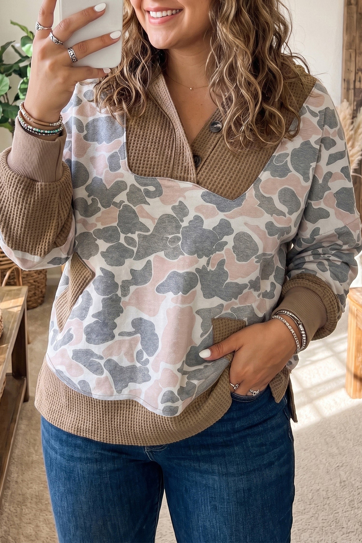 Khaki Camouflage Print Waffle Knit Patchwork Half Zip Plus Size Hoodie