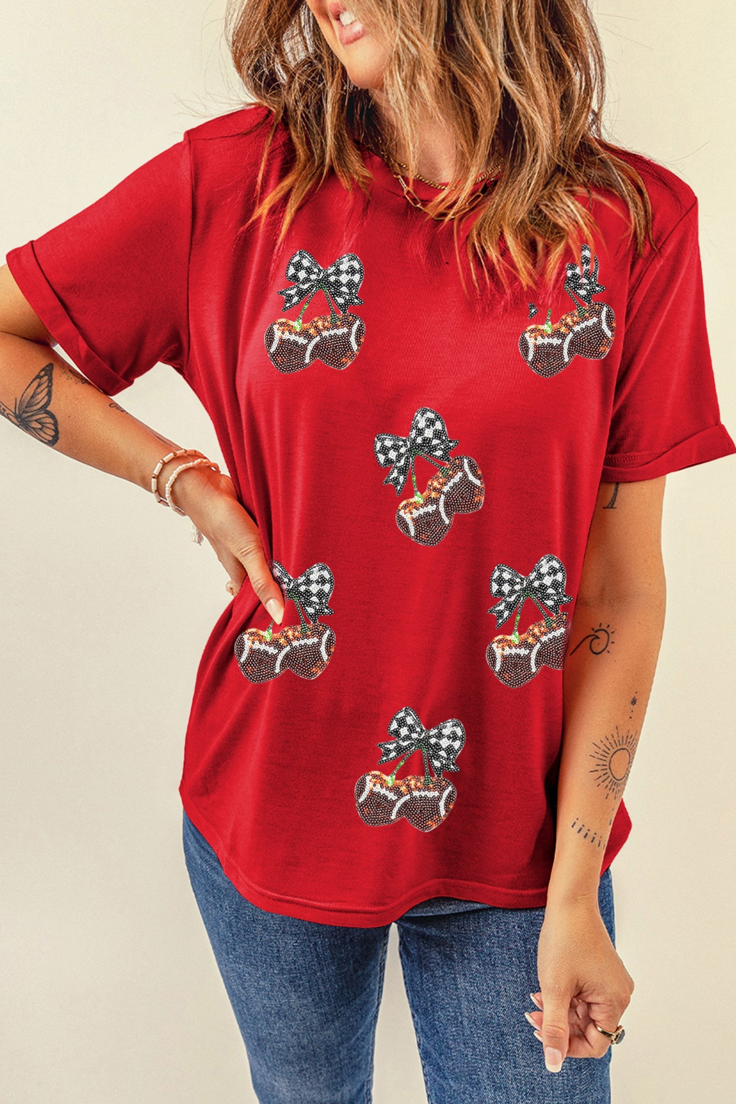 Red Sequined Cherry Bow Short Sleeve Round Neck T Shirt