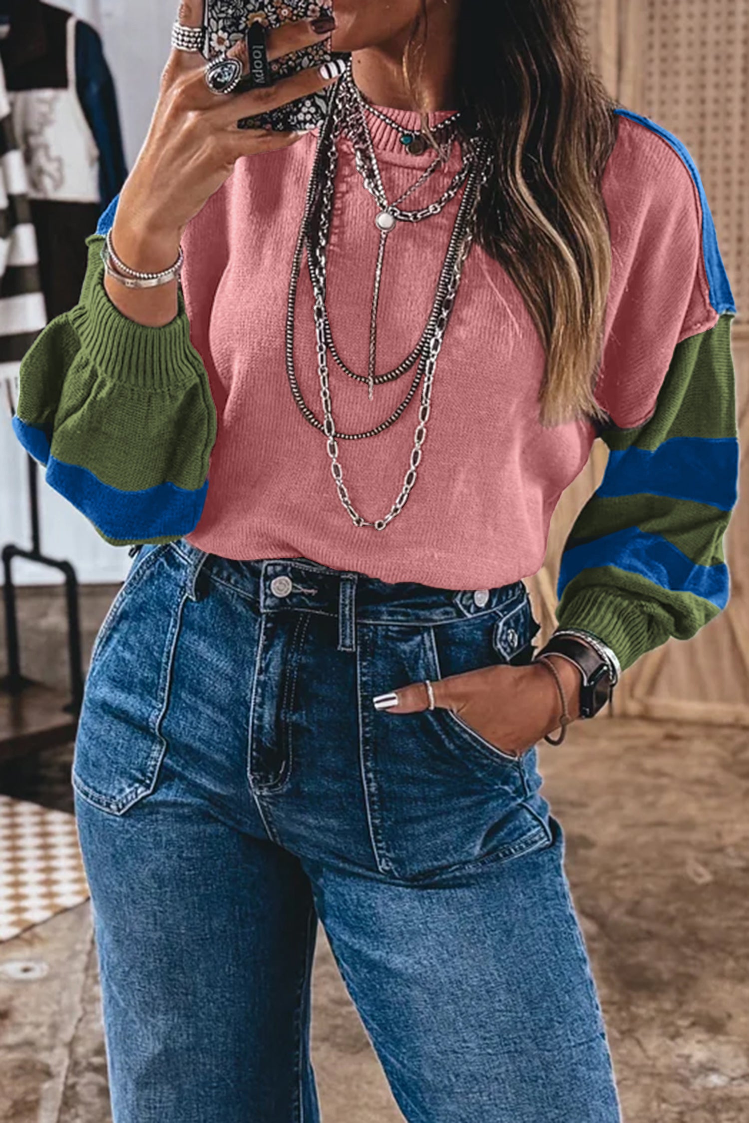 Multicolour Western Colorblock Patchwork Striped Long Sleeve Pullover Sweater