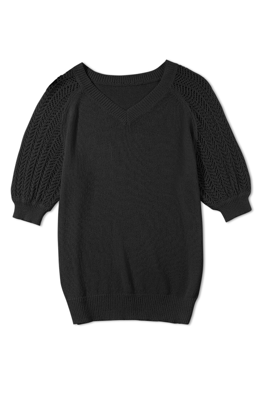 Black Solid Color Knit Contrast Hollowed Short Sleeve V Neck Sweater