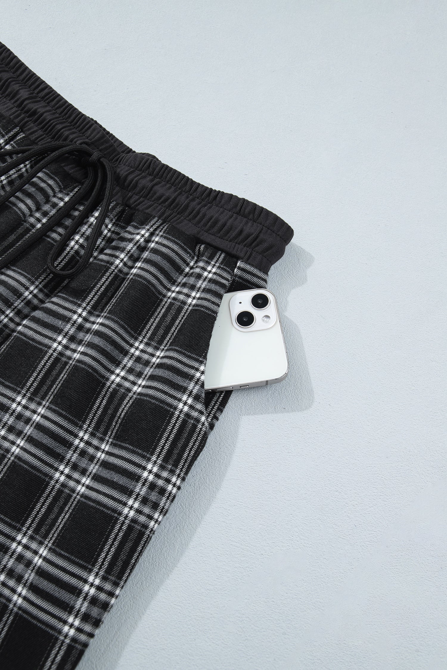 Black Frenchy Plaid Pattern Contrast Drawstring Waist Wide Leg Pants