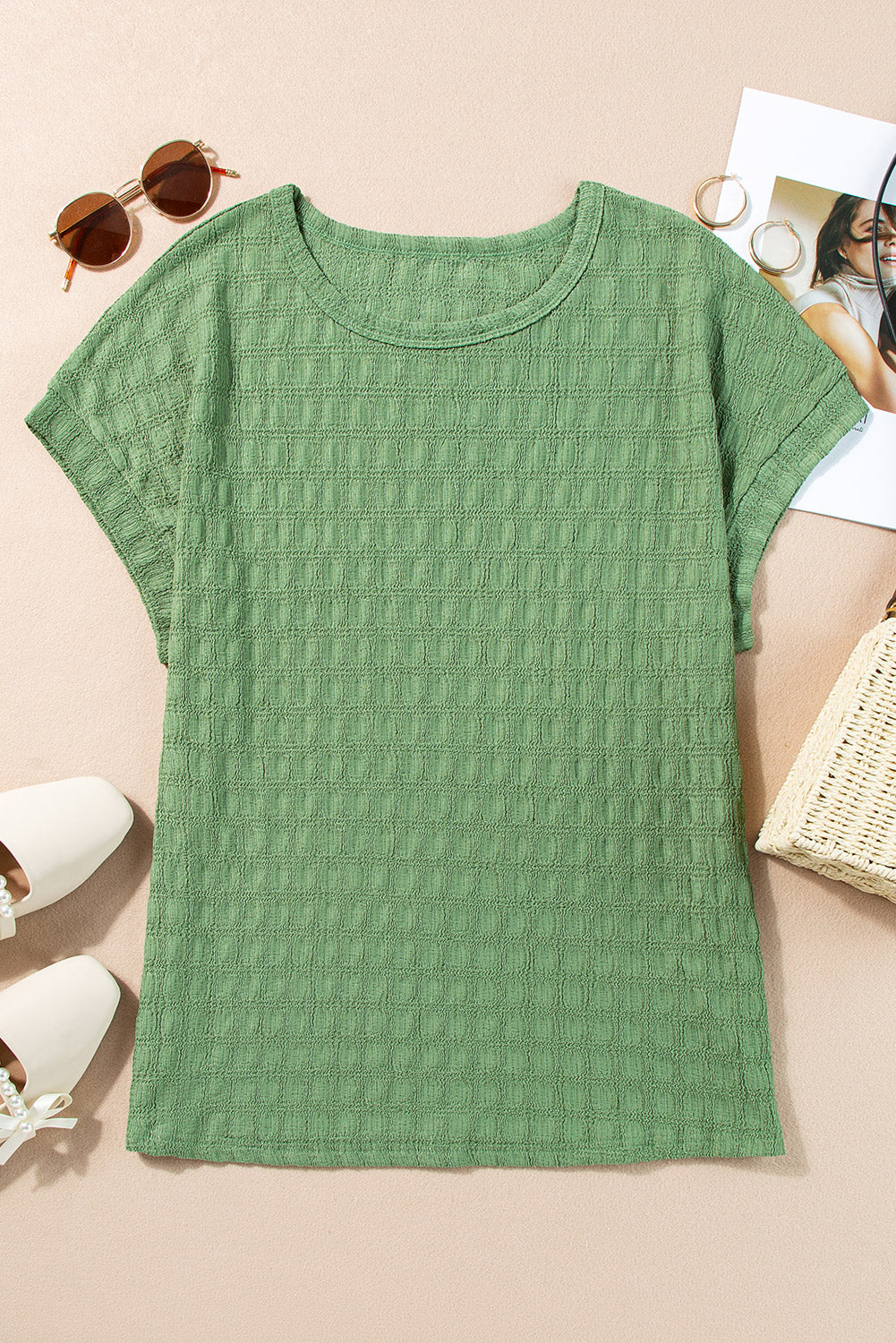 Grass Green Solid Color Textured Batwing Sleeve Tee