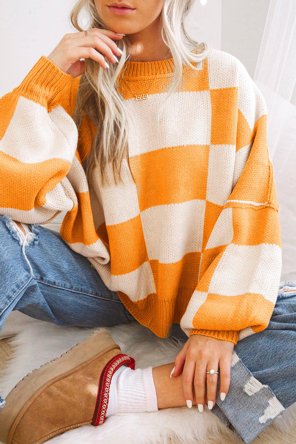 Grapefruit Orange Checkered Bishop Sleeve Sweater