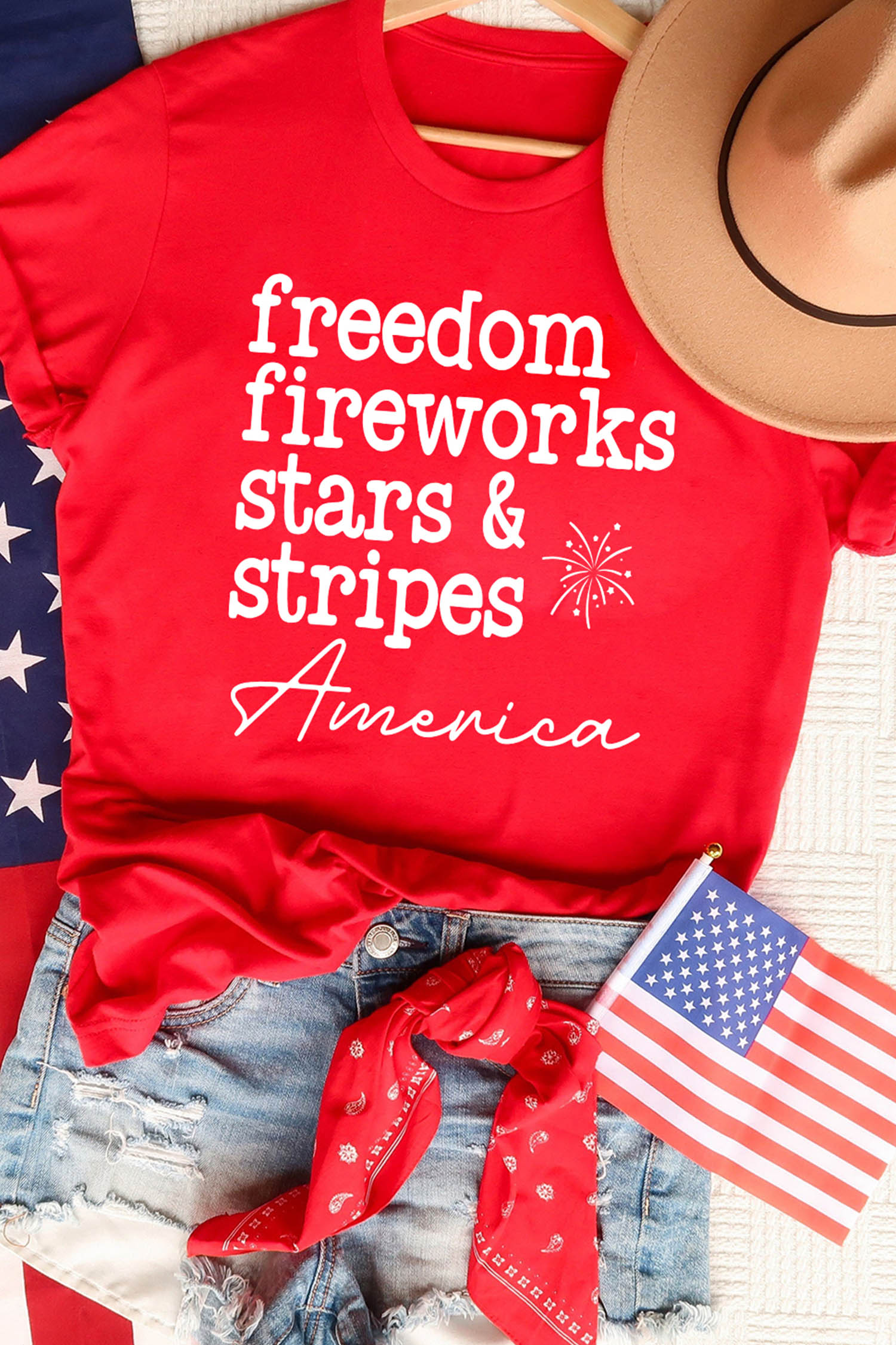 Red Freedom Fireworks American Patriotic Slogan Printed T Shirt