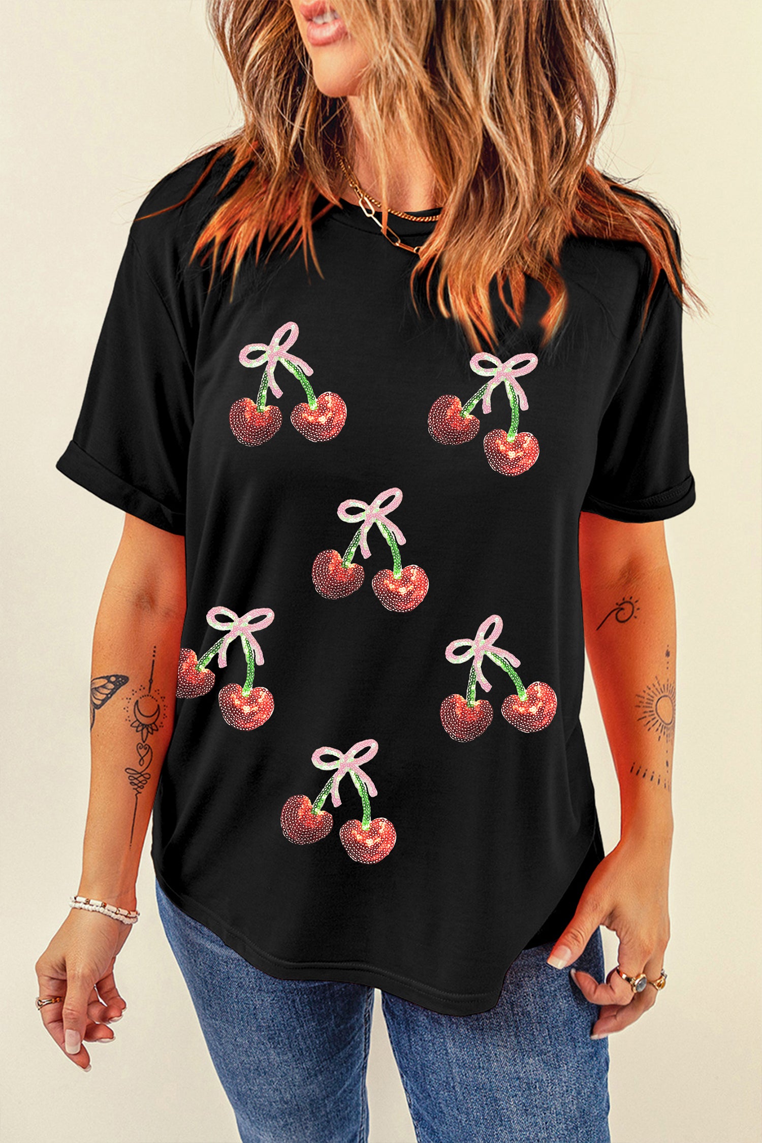 Black Sequin Bow Cheery Patched Valentines Graphic Tee