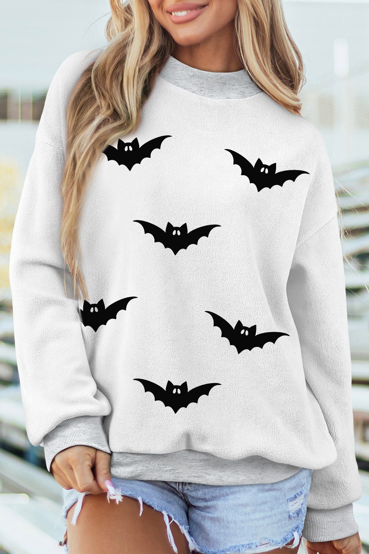 Light Grey BOO/ Halloween Bat Printed Reversible Mock Neck Pullover Sweatshirt
