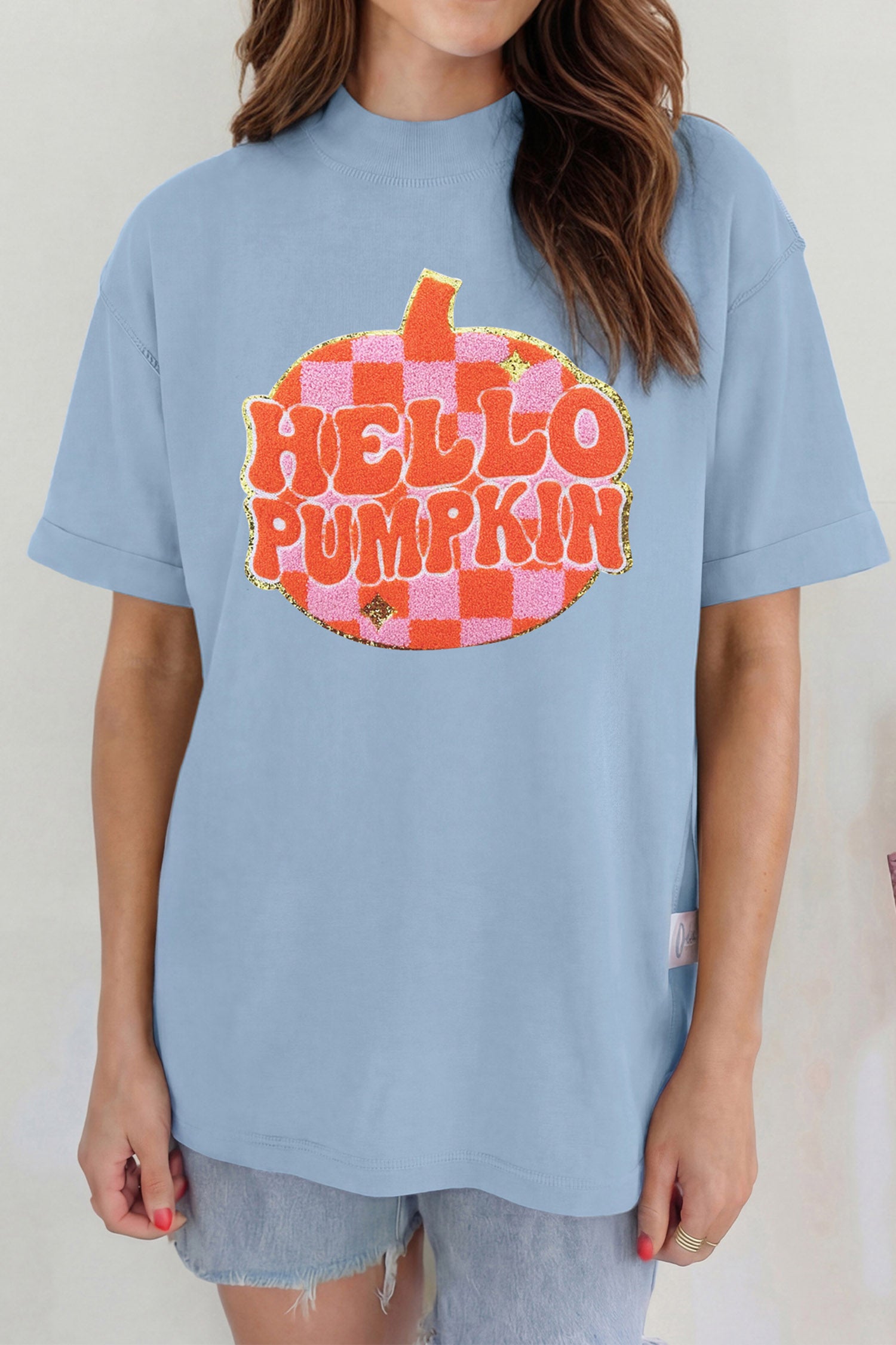 Beau Blue Chenille HELLO PUMPKIN Checkered Graphic High Neck T Shirt