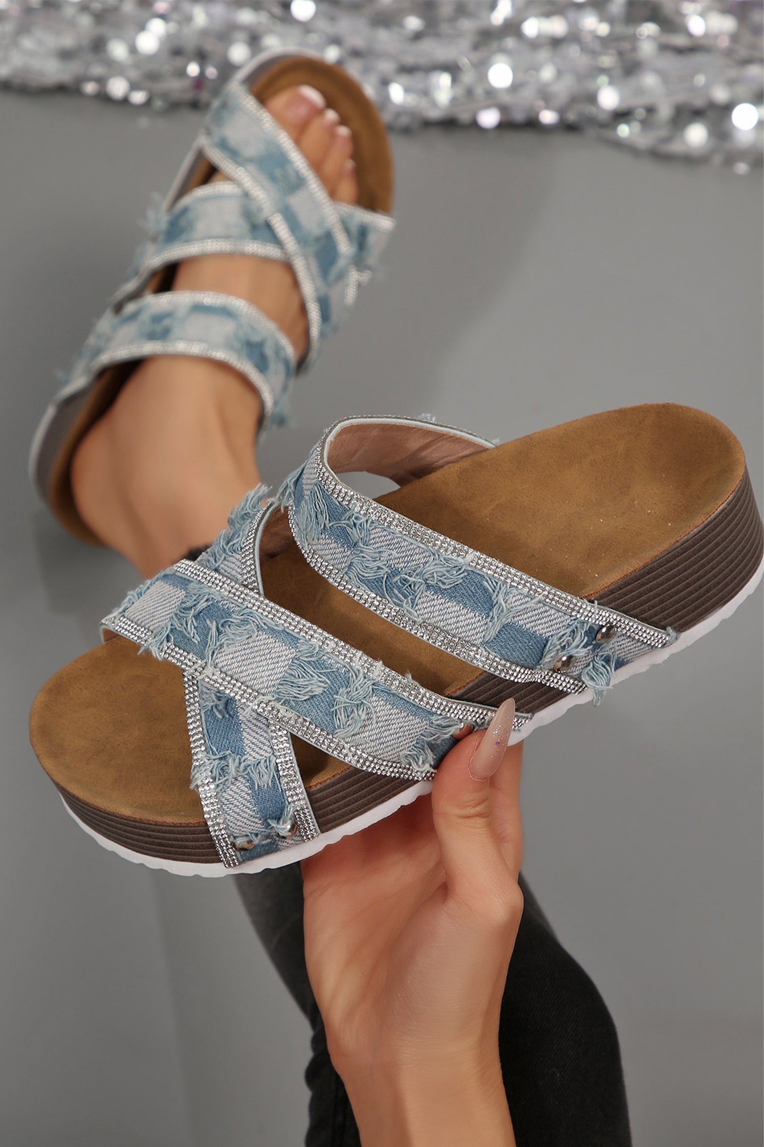 Dusk Blue Distressed Checkered Rhinestone Embellished Strappy Hollowed Platform Slippers