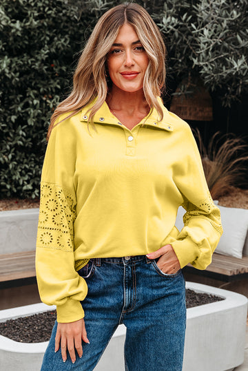 Yellow Cream Embroidered Flower Patchwork Snap Buttons Pullover Sweatshirt