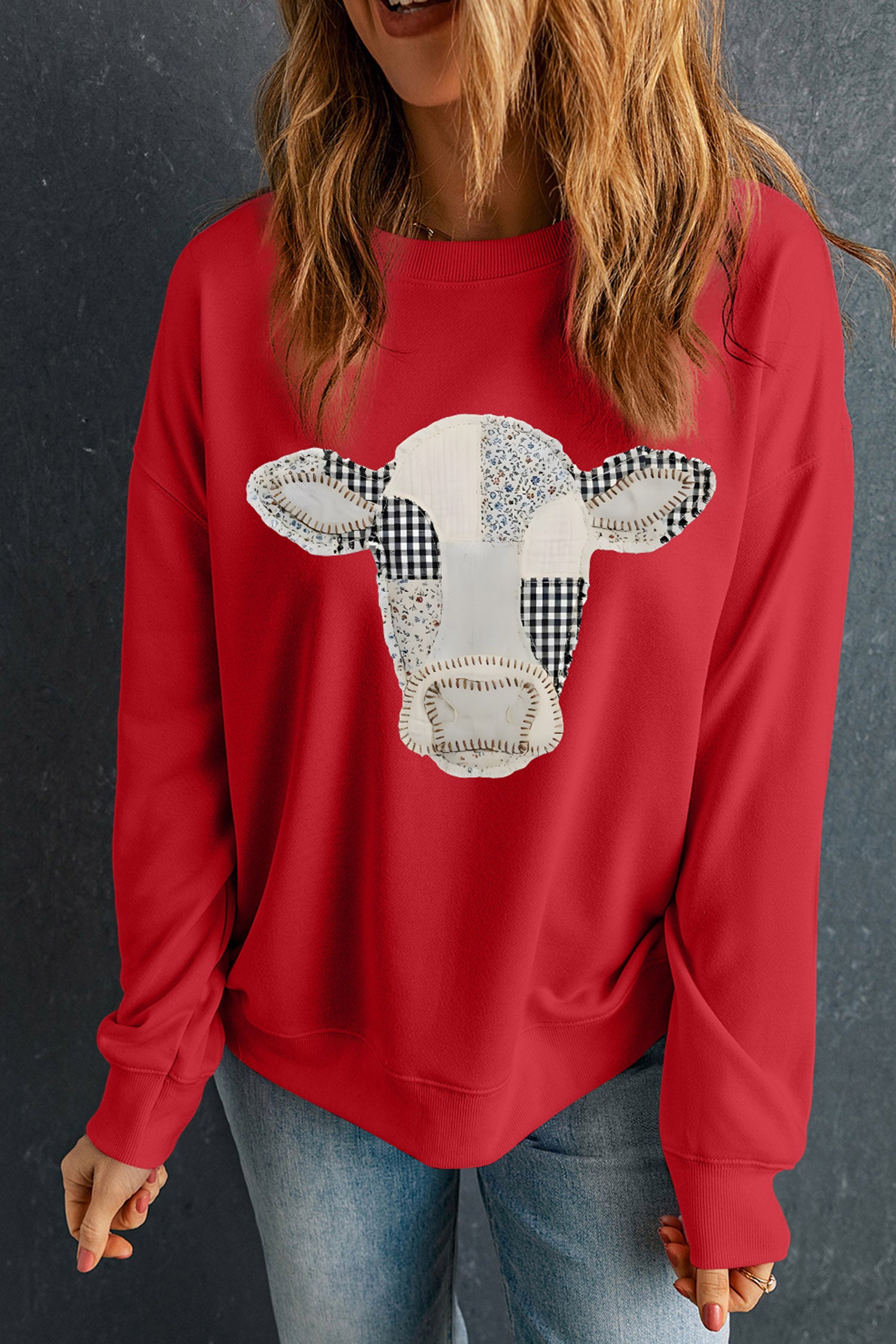 Red Western Patchwork Cow Print Drop Shoulder Graphic Sweatshirt