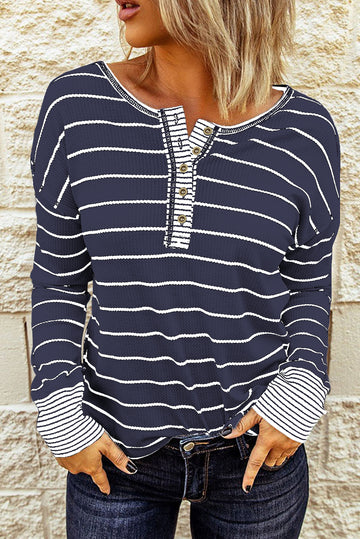 Navy Blue Striped Buttoned Henley Waffle Knit Top